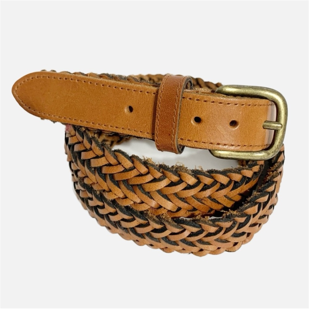 Unbranded Braided Leather Belt with Square Brass Toned Buckle Size 42 Brown 🟫